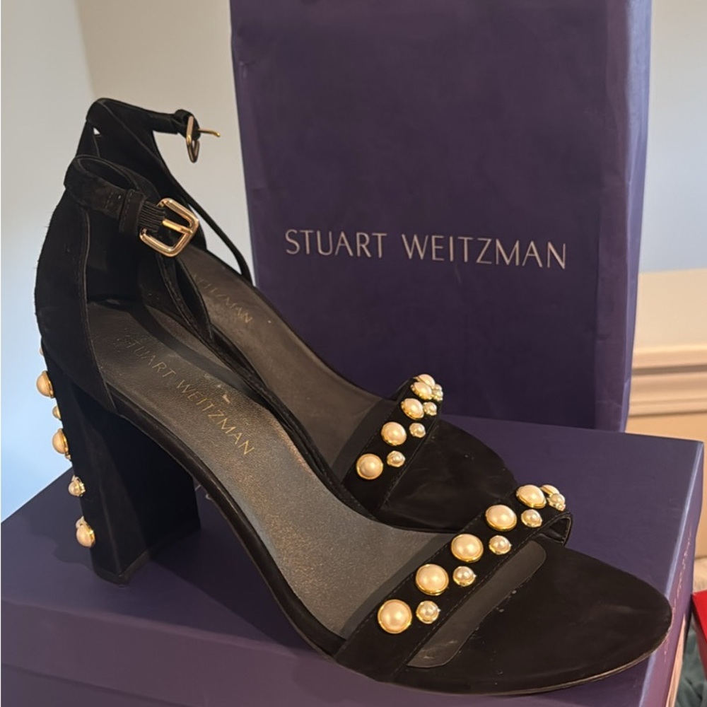 Stuart Weitzman Black Heels with Pearl Accents